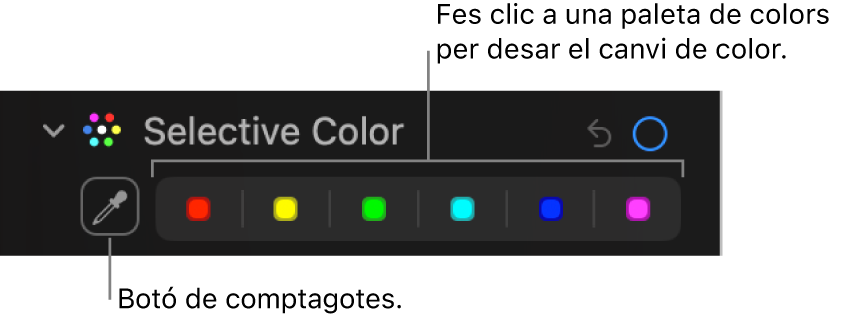 Els controls “Color selectiu” del tauler “Ajusta” amb el botó de comptagotes i mostres de color.