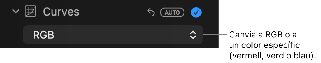 Els controls de corbes del tauler “Ajustar”, amb l’opció “RGB” seleccionada al menú desplegable.