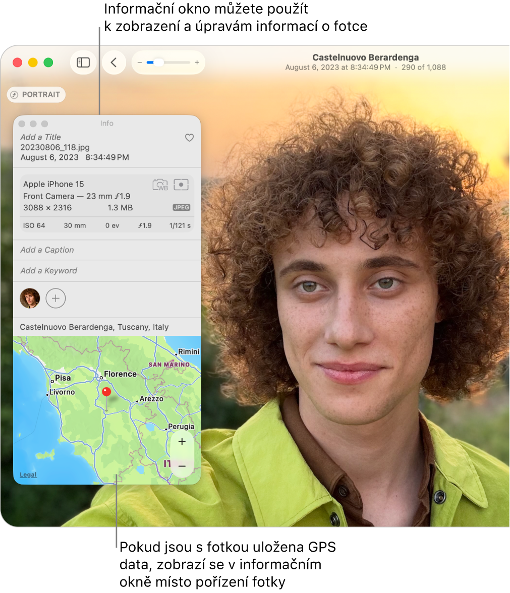 Okno Informace pro určitou fotku, ukazující datum a čas pořízení, informace o zařízení, jímž byla fotka pořízena, polohu fotky a další údaje
