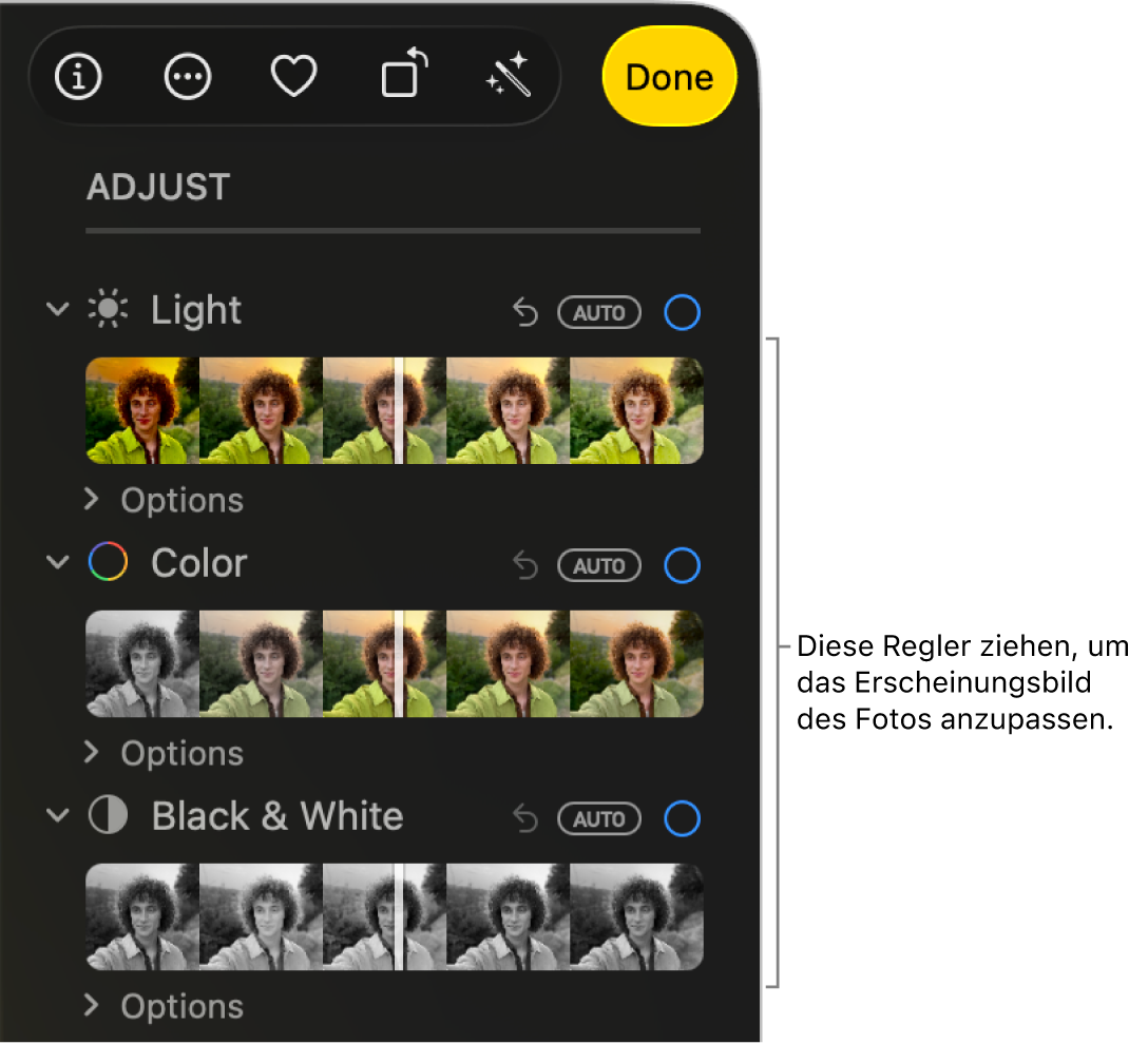 Die Regler „Licht“, „Farbe“ und „Schwarzweiß“ im Bereich „Anpassen“. Über jedem Regler wird die Taste „AUTO“ angezeigt.