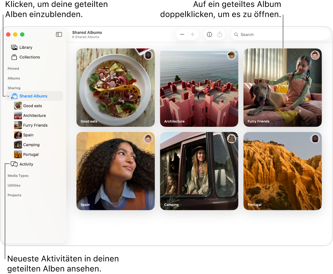 Das Fenster „Fotos“ mit dem in der Seitenleiste ausgewählten Bereich „Geteilte Alben“; rechts werden die geteilten Alben angezeigt.