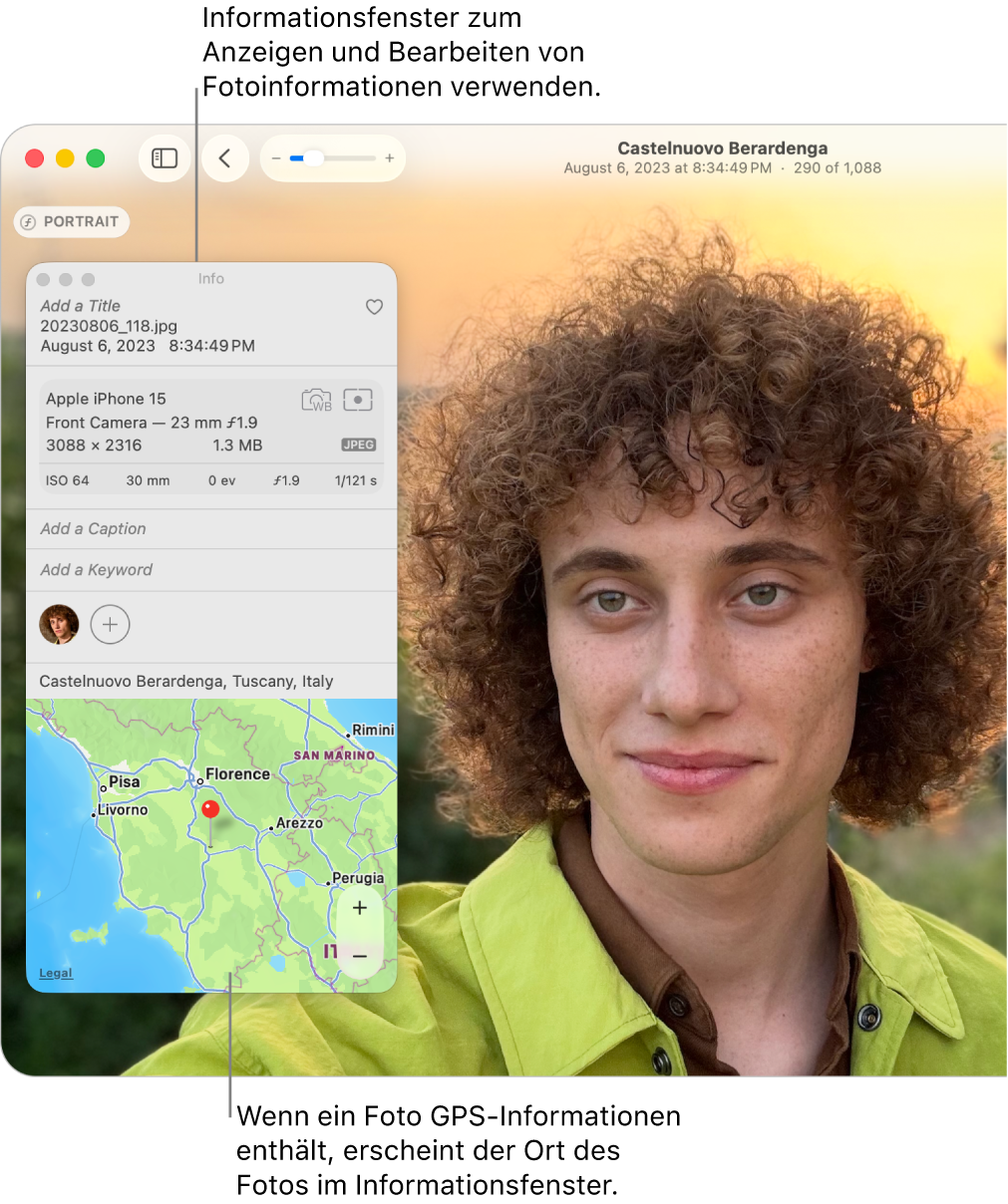 Das Informationsfenster für ein Foto mit dem Aufnahmedatum und der Aufnahmezeit, Informationen zum Gerät, mit dem das Foto aufgenommen wurde, dem Ort des Fotos und mehr.