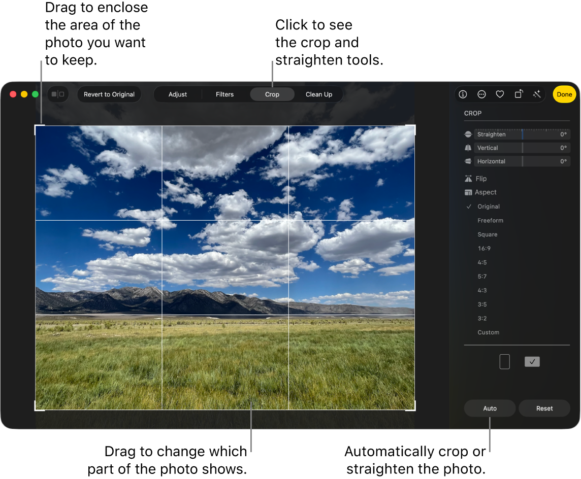 A photo in editing view, with Crop selected in the toolbar, a selection rectangle around the photo and straightening sliders, aspect ratio options, and Auto and Reset buttons on the right.