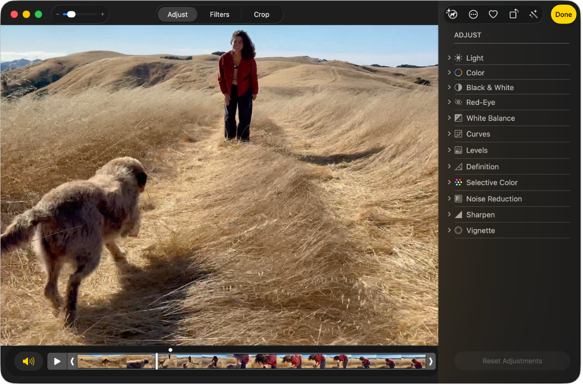 A video in editing view with a slider beneath it showing the frames of the video. The Speaker button and Play button are to the left of the slider and adjustment tools appear on the right.