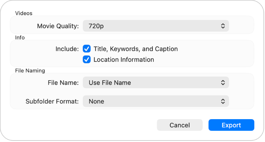 Un diálogo que muestra opciones para exportar videos.