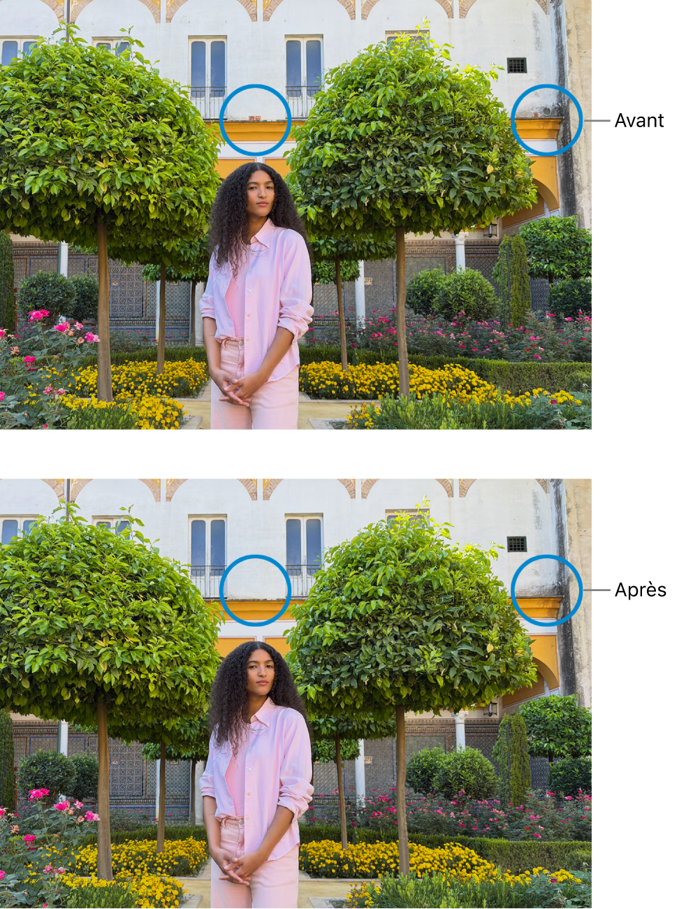 Une photo montrant des imperfections sur un bâtiment et la même photo après retouches.