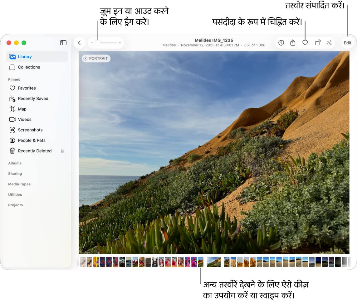 तस्वीर विंडो जिसमें दाईं ओर आवर्धित तस्वीर दिखाई गई है और जिसके नीचे थंबनेल की एक पंक्ति है। ऊपर स्थित टूलबार में ज़ूम स्लाइडर, पसंदीदा बटन और संपादन बटन शामिल होते हैं।
