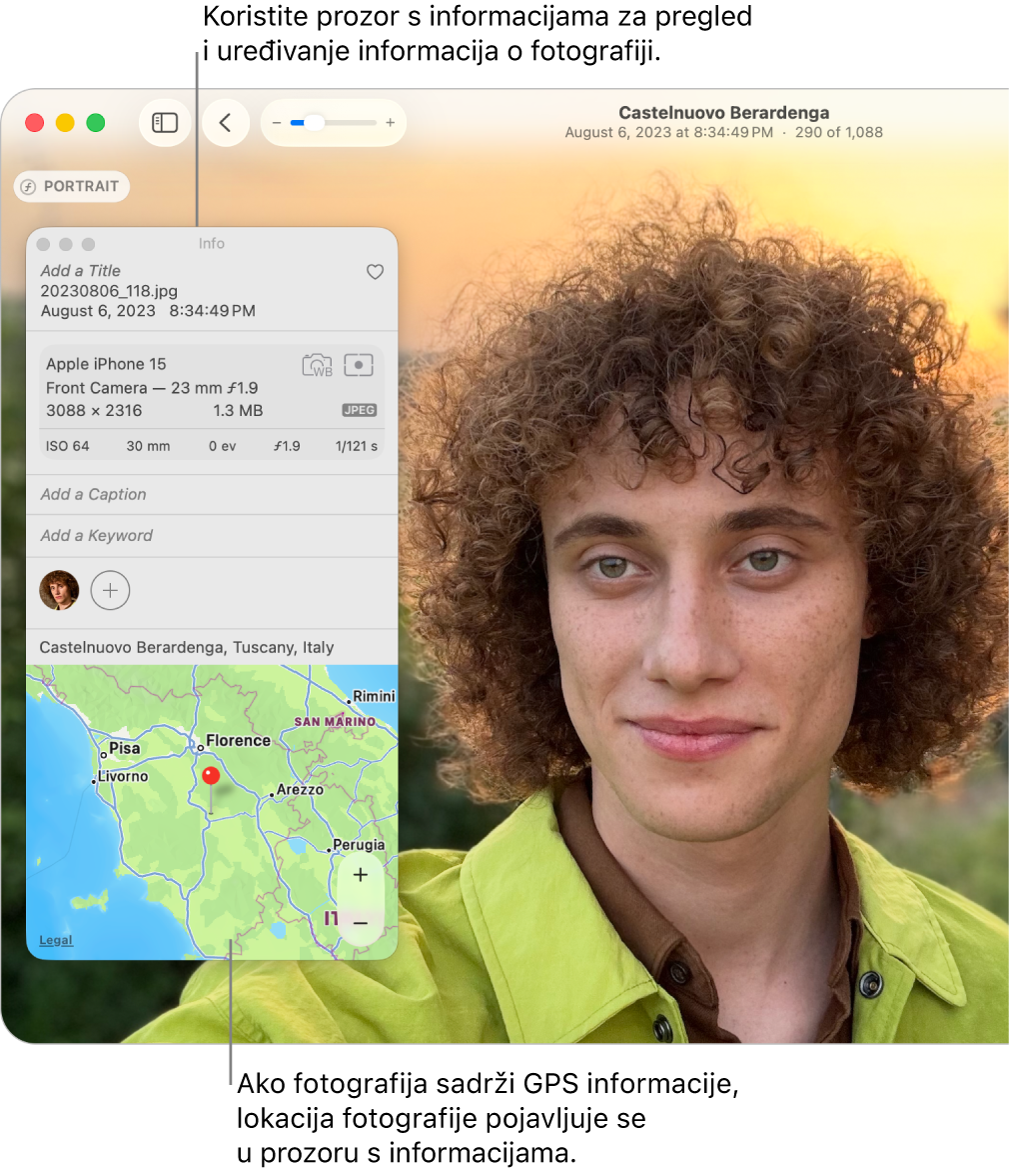 Prozor s informacijama za fotografiju koji prikazuje datum i vrijeme snimanja fotografije, informacije o uređaju kojim je fotografija snimljena, lokaciju fotografije i još mnogo toga.