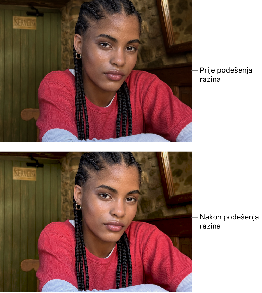 Fotografija prije i nakon podešenja razina.