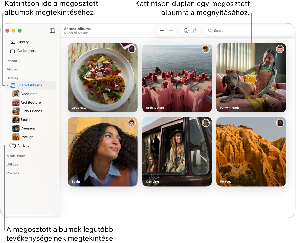 A Fotók ablaka az oldalsávon a kiválasztott Megosztott albumok elemmel, a jobb oldalon megosztott albumok látható.