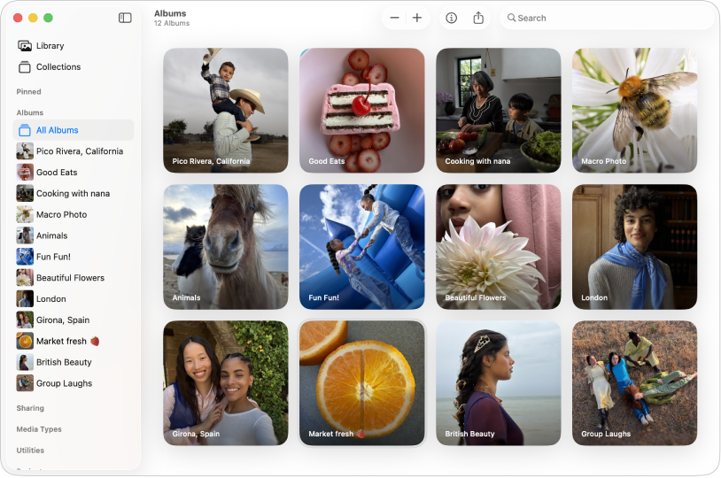Jendela app Foto dengan Semua Album yang dipilih di bar samping, dan album yang ditampilkan di sebelah kanan.