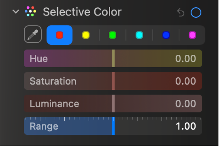 Kontrol Pilihan Warna di panel Sesuaikan, menampilkan penggeser Rona, Saturasi, Luminans, dan Cakupan.