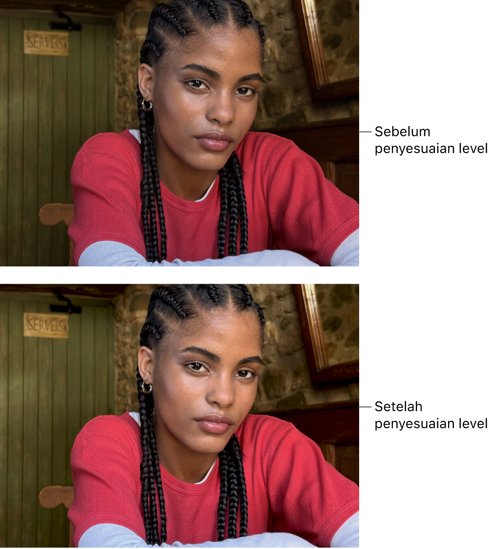 Foto sebelum dan setelah penyesuaian tingkat.