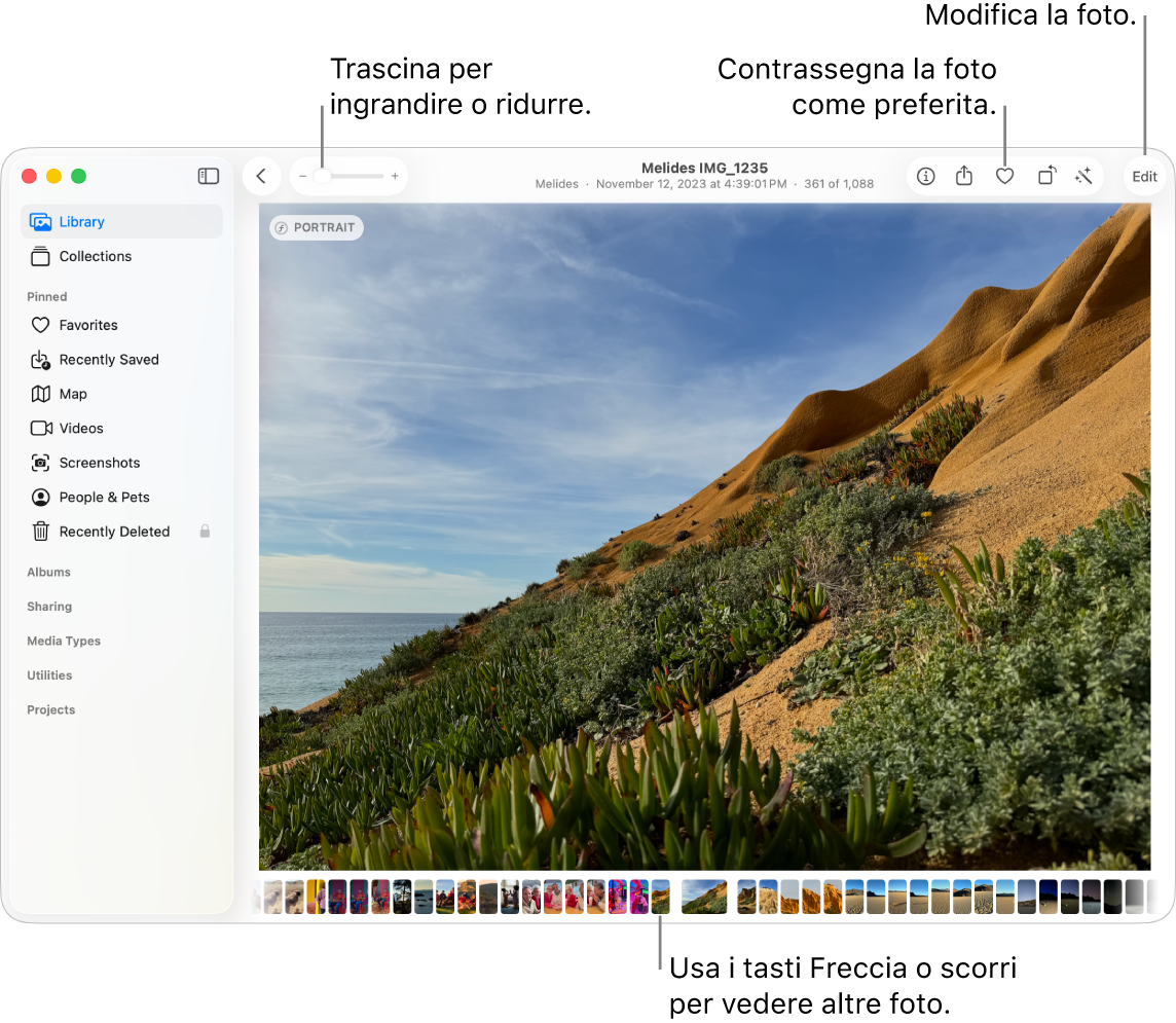 La finestra di Foto con una foto ingrandita sulla destra e una riga di miniature sotto. La barra strumenti nella parte superiore include il cursore Zoom, il pulsante Preferito e il pulsante Modifica.