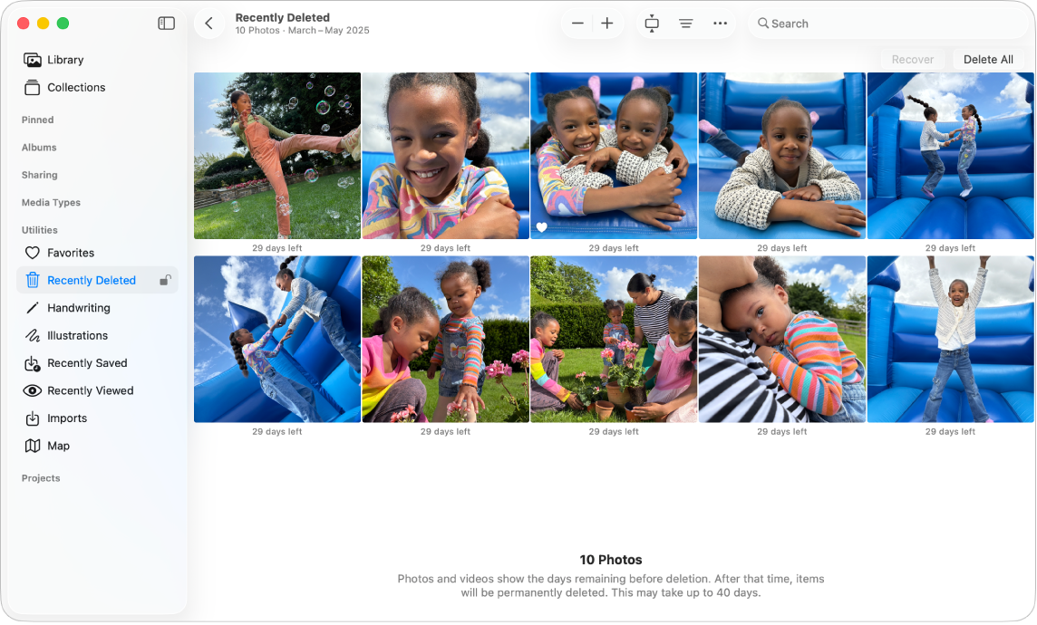 사이드바에서 선택한 ‘최근 삭제된 항목’ 및 오른쪽에 표시된 최근 삭제된 항목을 보여주는 사진 앱 윈도우.