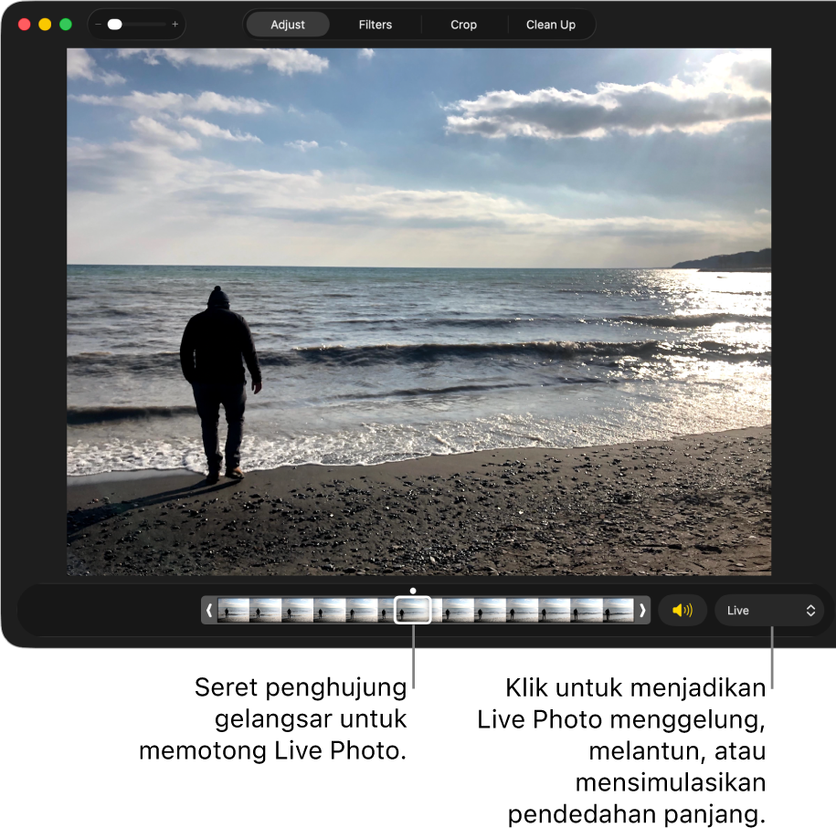Live Photo dalam paparan pengeditan dengan gelangsar di bawahnya menunjukkan bingkai gambar. Di sebelah kanan gelangsar ialah butang Speaker dan menu timbul yang anda boleh gunakan untuk menambah kesan gelung, lantun, atau pendedahan.