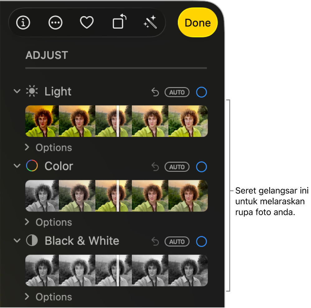 Gelangsar Cahaya, Warna dan Hitam & Putih dalam anak tetingkap Laras. Butang Auto muncul di atas setiap gelangsar.