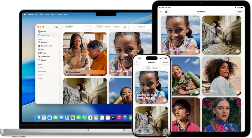 Een iPhone, MacBook en iPad met terugblikken uit dezelfde fotobibliotheek.