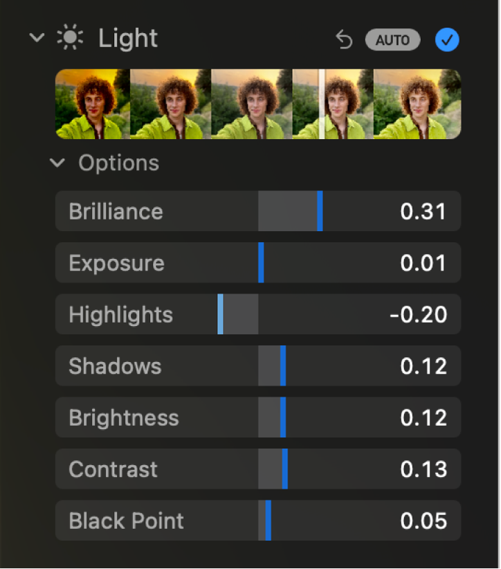 Het gedeelte 'Licht' van het paneel 'Pas aan', met schuifknoppen voor 'Gloed', 'Belichting', 'Lichte delen', 'Donkere delen', 'Helderheid', 'Contrast' en 'Zwartpunt'.