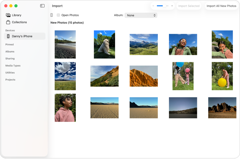 De app Foto's met een iPhone geselecteerd in de navigatiekolom en het scherm 'Importeer' geopend.