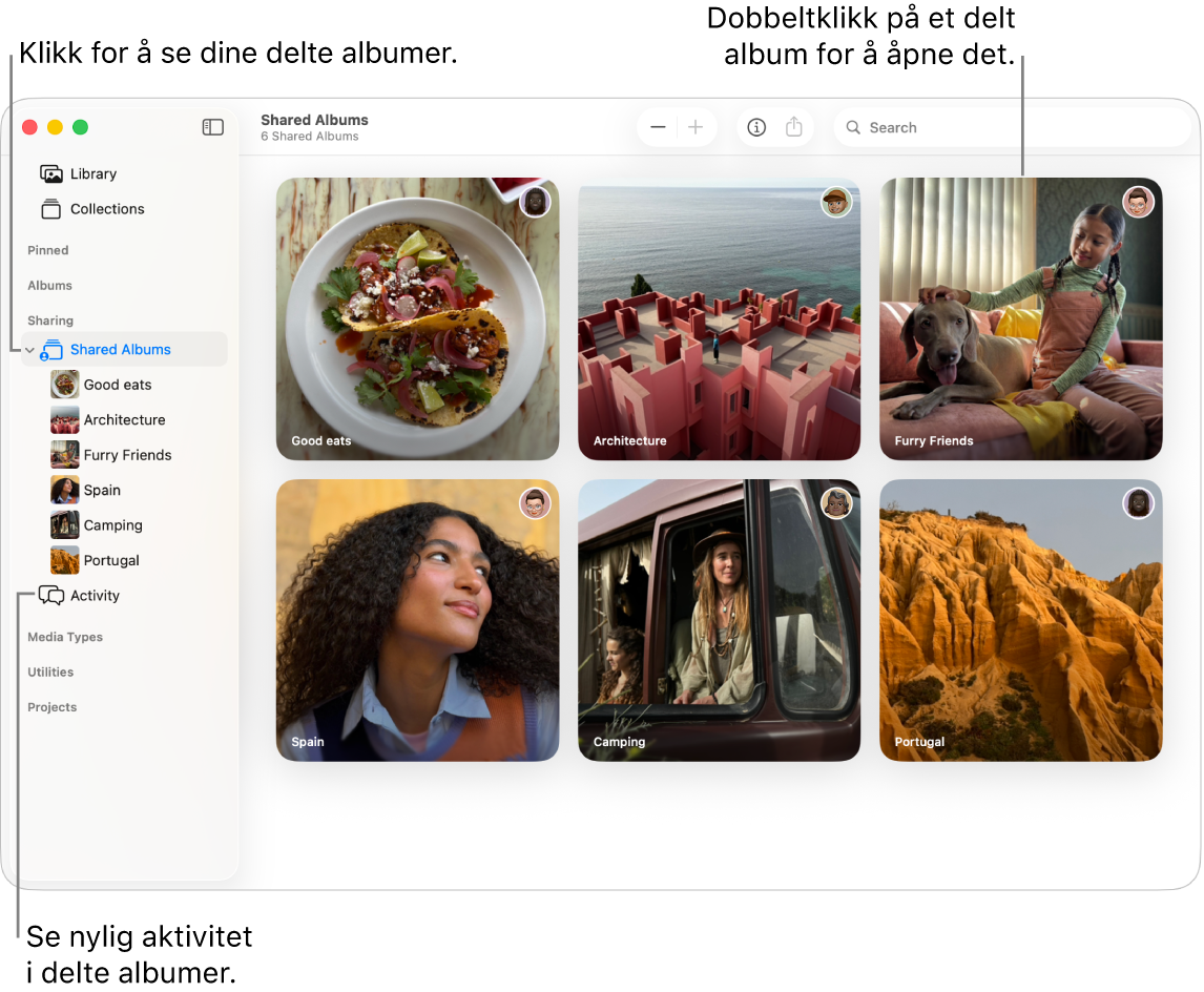 Bilder-vinduet, som viser Delte album markert i sidepanelet og delte album til høyre.