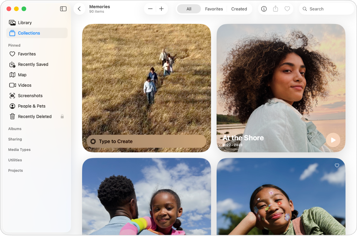 Okno aplikacji Zdjęcia z zaznaczoną etykietą Zbiory na pasku bocznym oraz dwoma wspomnieniami wyświetlanymi po prawej.