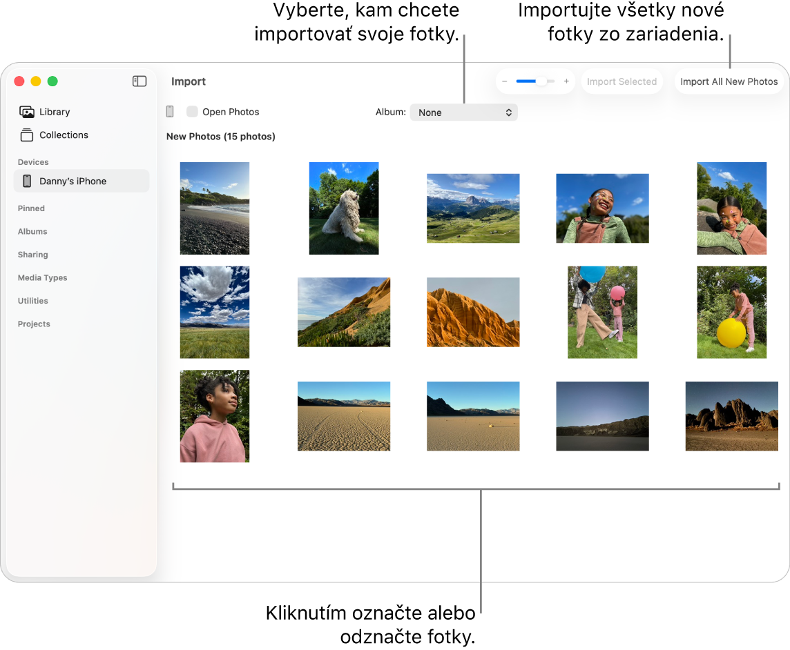 Okno Import v apke Fotky na Macu zobrazuje nové fotky na zariadení. V hornej časti v strede je vyskakovacie menu Album. Vpravo hore sú tlačidlá importu.