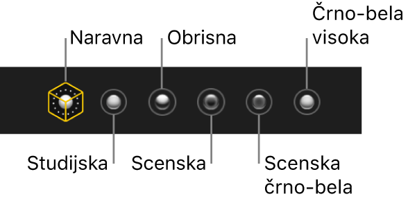Možnosti učinka osvetlitve v Pokončnem načinu, med katerimi so (od leve proti desni) Naravna, Studijska, Obrisna, Scenska, Scenska črno-bela in Poudarjena črno-bela.