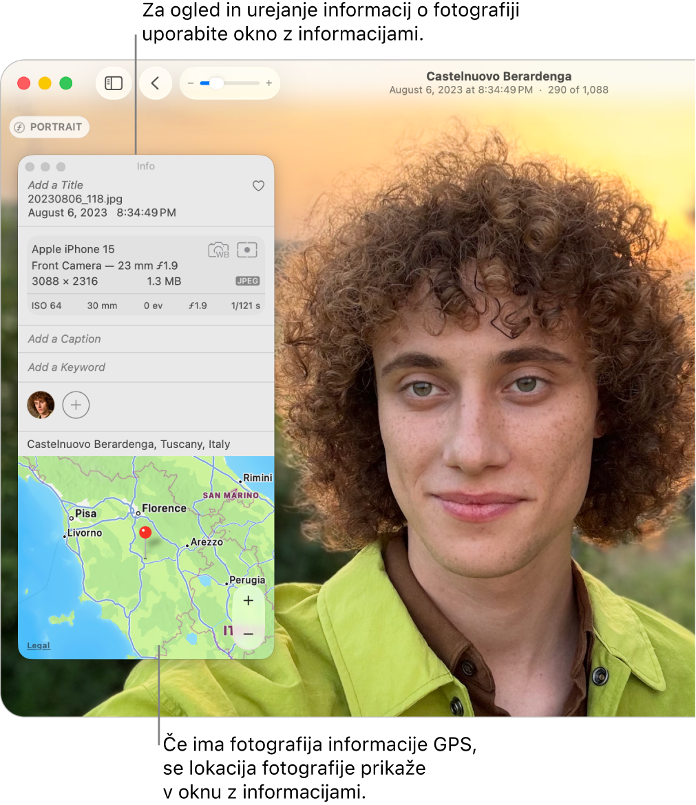 Okno Informacije za fotografijo, ki prikazuje datum in uro zajema fotografije, informacije o napravi, ki je zajela fotografijo, lokacijo fotografije in drugo.