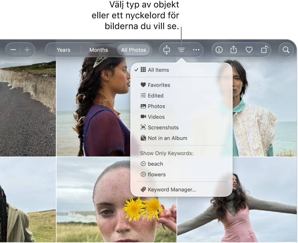 Popupmenyn Filtrera inställd på att visa alla objekt. Klicka på knappen Filtrera om du vill välja typen av objekt eller ett nyckelord för bilderna du vill se.