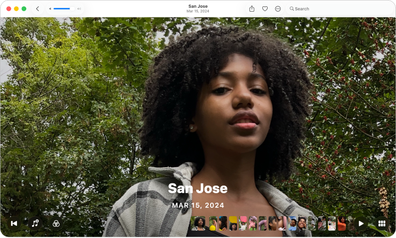 หน้าต่างรูปภาพที่แสดงความทรงจำที่มีปุ่มสำหรับควบคุมและเปลี่ยนการแสดงรายการในความทรงจำ