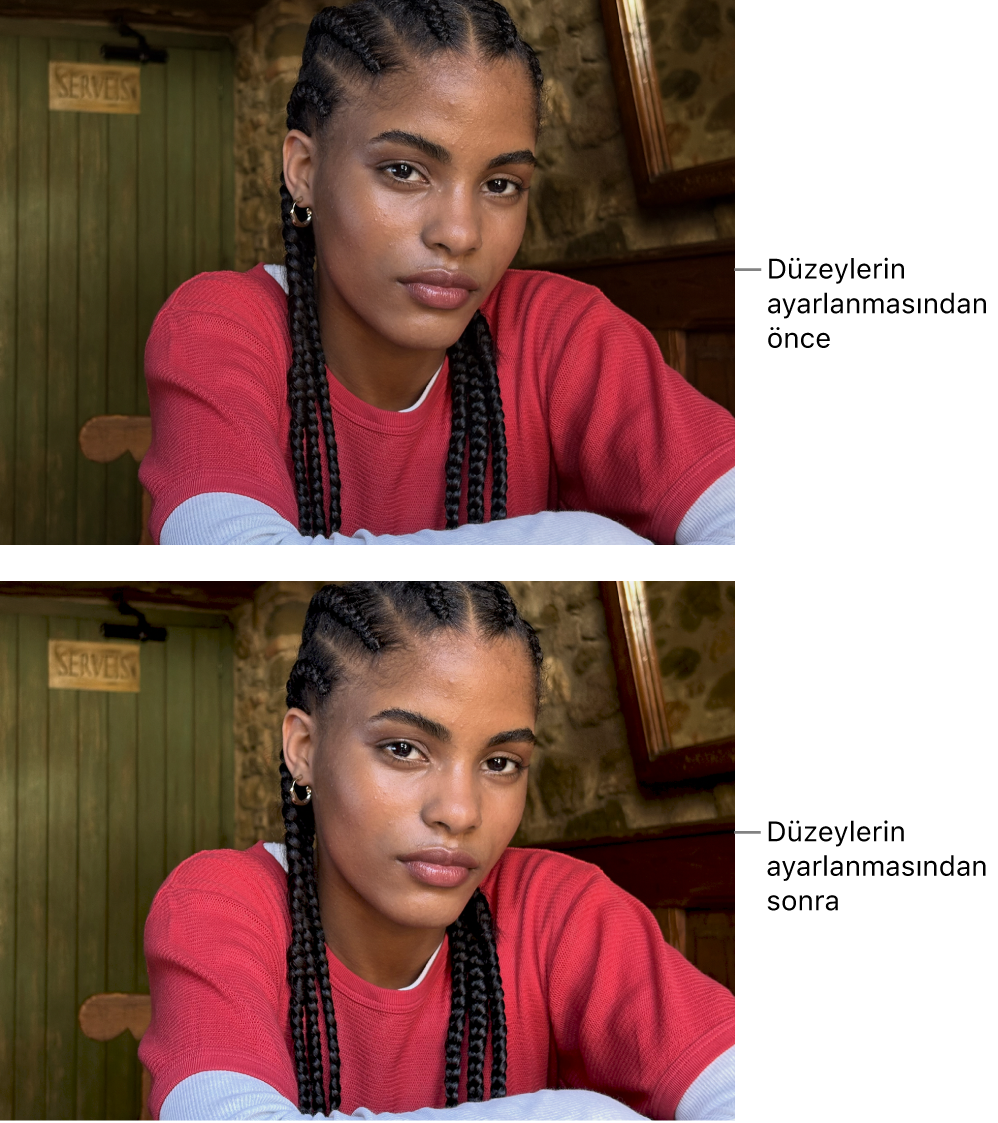 Düzey ayarlamalarından önceki ve sonraki fotoğraf.