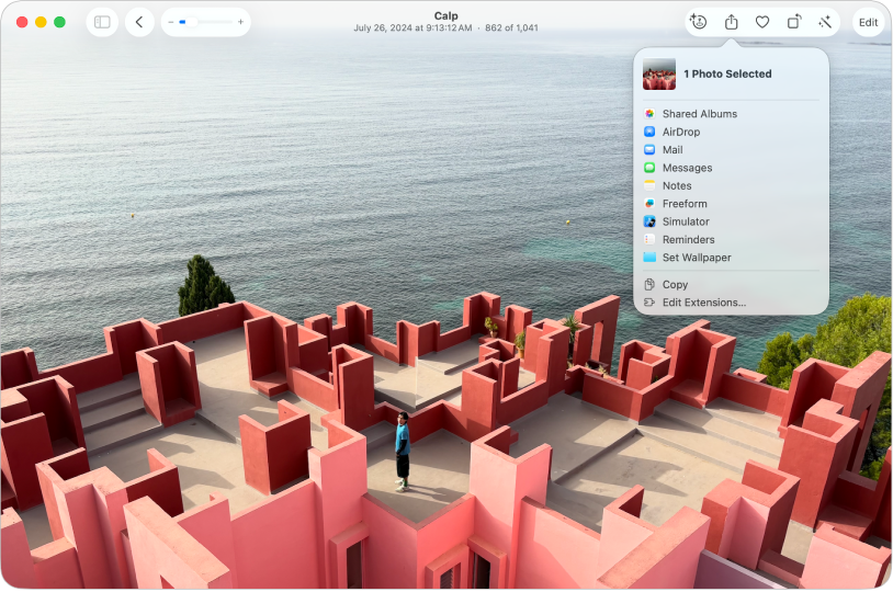 “照片”窗口中打开的照片。“共享”菜单已选中，显示用于共享此照片的 App 列表。