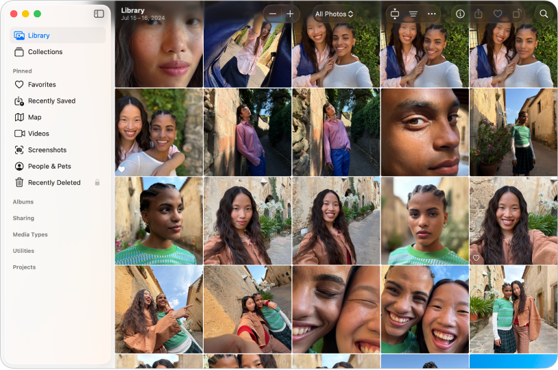 “照片”主窗口显示左侧边栏中的所选“图库”，右侧网格中的照片以及顶部的工具栏。