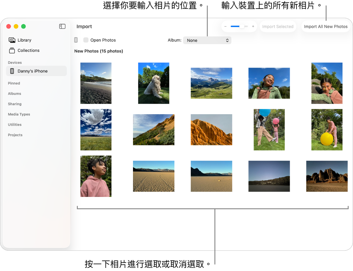 在 Mac 上的「相片」中,「輸入」視窗顯示裝置上的新相片。 最上方中間是「相簿」彈出式選單。 「輸入」按鈕位於右上角。