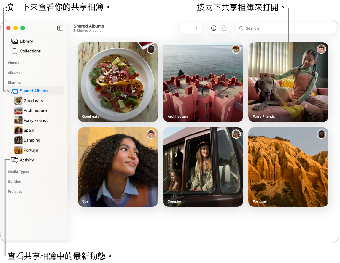 「照片」視窗,顯示側邊欄中選取了「共享的相簿」,而右側顯示共享的相簿。