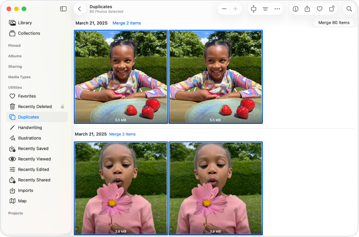 「照片」視窗顯示側邊欄中所選的「重複項目」和右側並排的重複照片。
