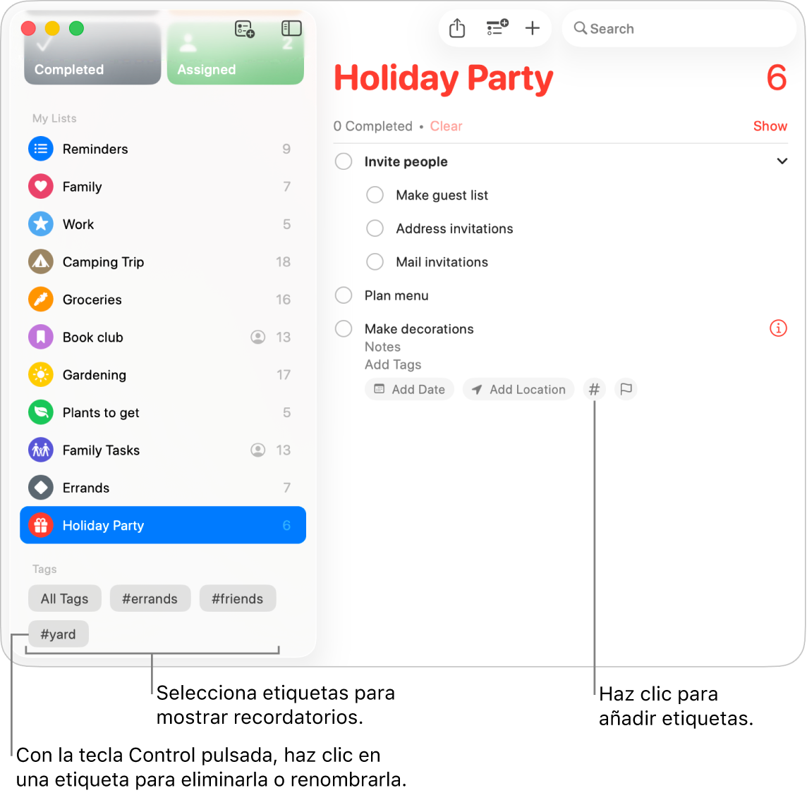 Una ventana de la app Recordatorios con varias etiquetas en la barra lateral y un recordatorio con el botón Etiquetas.
