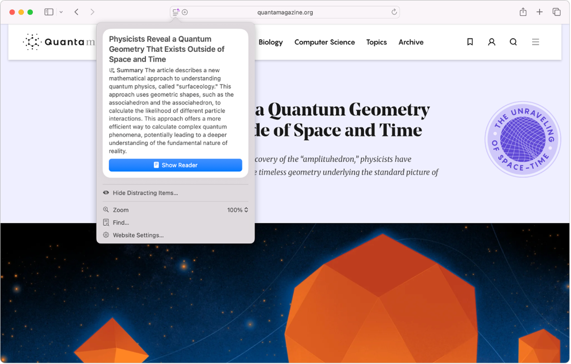 The Safari app showing the highlights of a physics article.