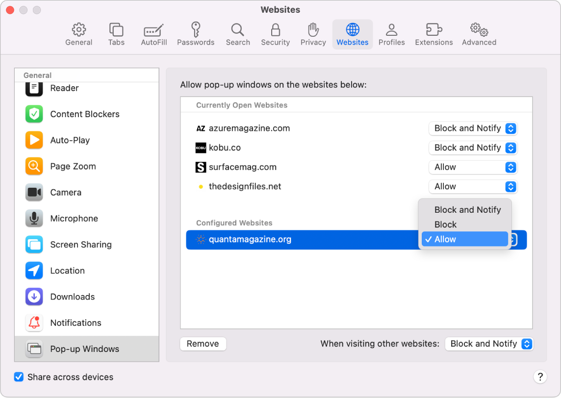 ตัวเลือกหน้าต่างที่แสดงขึ้นสำหรับการตั้งค่า Safari ซึ่งมีอนุญาตถูกเลือกสำหรับเว็บไซต์ที่กำหนดค่า