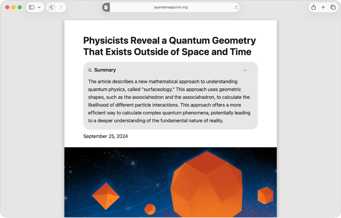 A Reader window showing a summary of a scientific article.