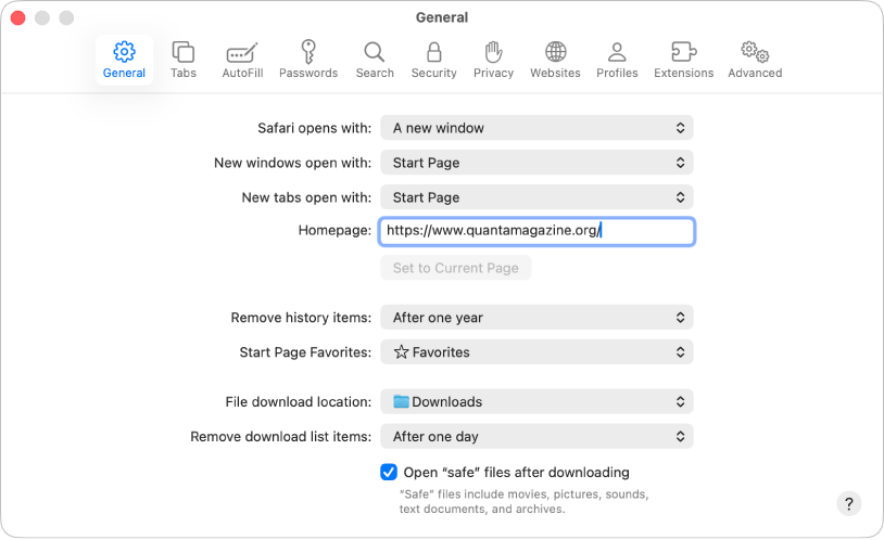 Safarin verkkosivujen yleiset asetukset, nykyinen verkkosivu on valittu aloitussivuksi.