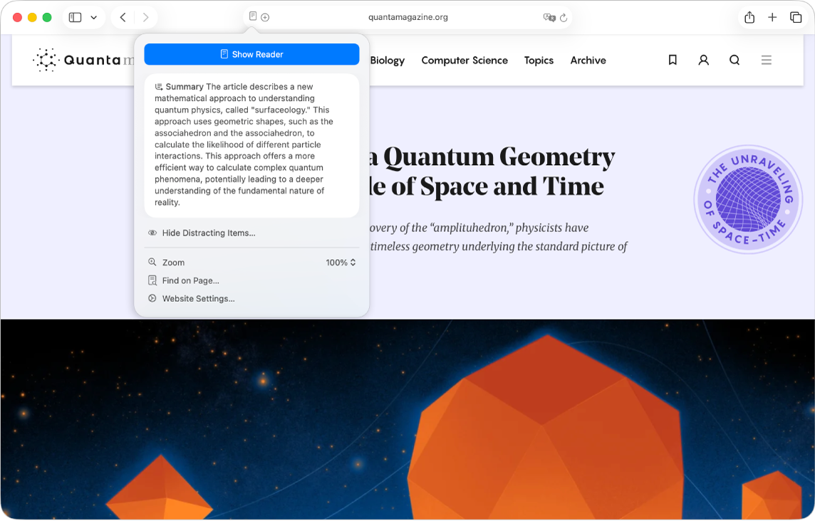 Aplikacija Safari s prikazom sažetka znanstvenog članka ispod tipke Isticanja u pametnom polju za pretraživanje.