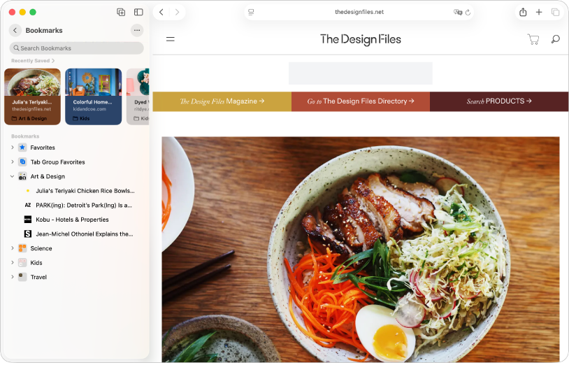 App Safari menunjukkan tapak web disusun ke dalam penanda buku dalam bar sisi, dengan tapak web yang ditandakan untuk penerbitan reka bentuk di sebelah kanan.