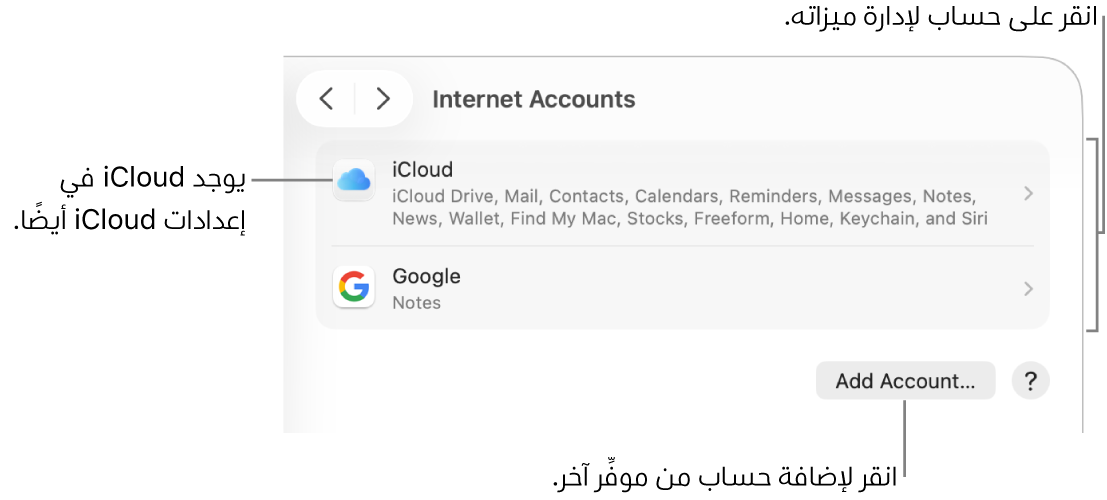 إعدادات حسابات الإنترنت تظهر بها الحسابات التي تم إعدادها على Mac مدرجة.