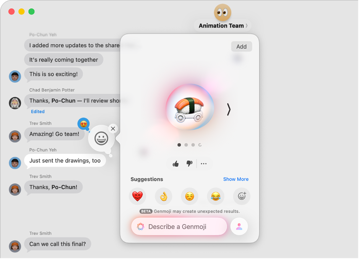 L’app Messages sur Mac affichant un Genmoji en cours de création pour être utilisé dans une conversation.