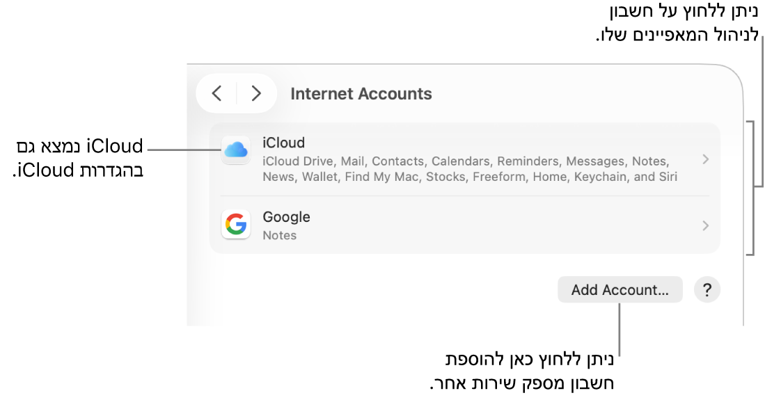 הגדרות ״חשבונות אינטרנט״ שבה רשימה שמציגה את החשבונות שמוגדרים ב‑Mac.