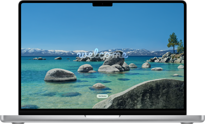 Een Mac-scherm toont een bureaubladafbeelding met een meer en bergen en een welkomstbericht voor gebruikers om aan de slag te gaan met macOS Tahoe.