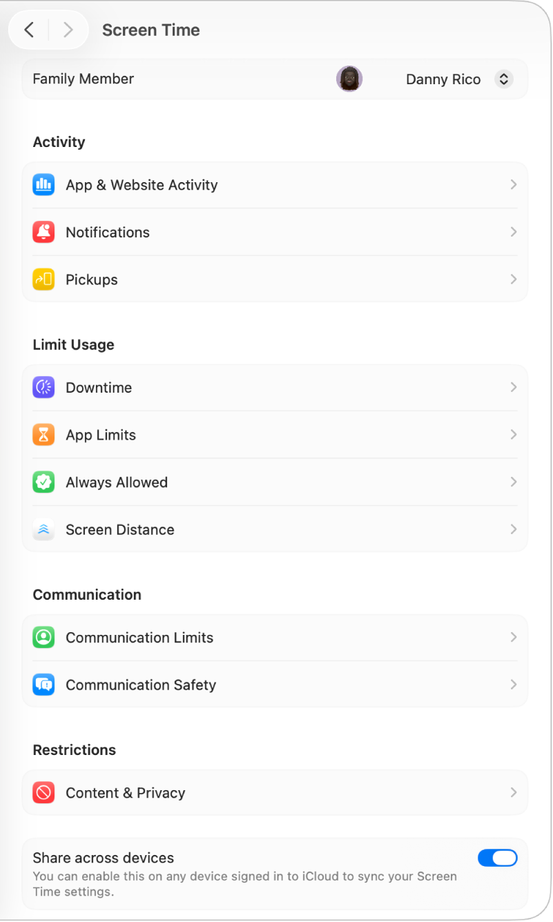 Nastavenia Času pred obrazovkou s označeným dospelým človekom vo vyskakovacom menu Člen rodiny.