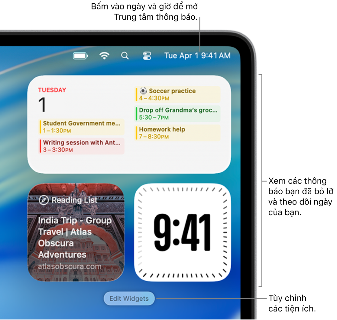 Thông báo và tiện ích trong Trung tâm thông báo.